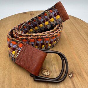 Eddie Bauer Vintage Woven Textile Multicolor Belt With Leather Ends & Double Met